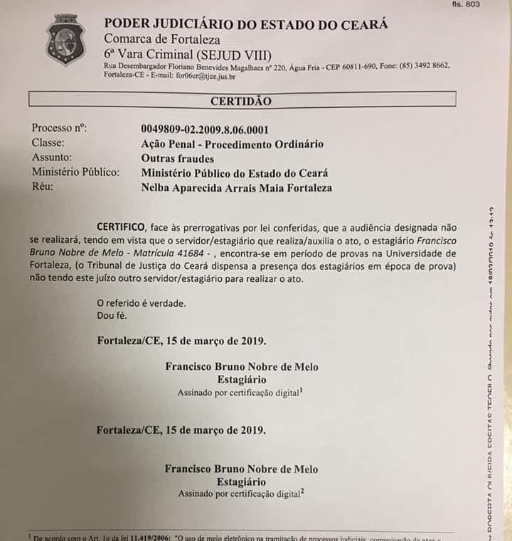 Estagiário do TJCE suspende audiência por estar em semana de prova