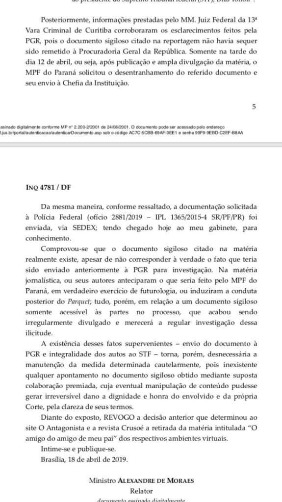 Após envio de documento citado pela CrusoÉ, Moraes revoga censura | Juristas